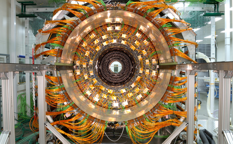 View of the CMS (Compact Muon Solenoid) experiment Tracker Outer Barrel (TOB) in the cleaning room. The CMS is one of two general-purpose LHC experiments designed to explore the physics of the Terascale, the energy region where physicists believe they will find answers to the central questions at the heart of 21st-century particle physics. (Maximilien Brice, © CERN)