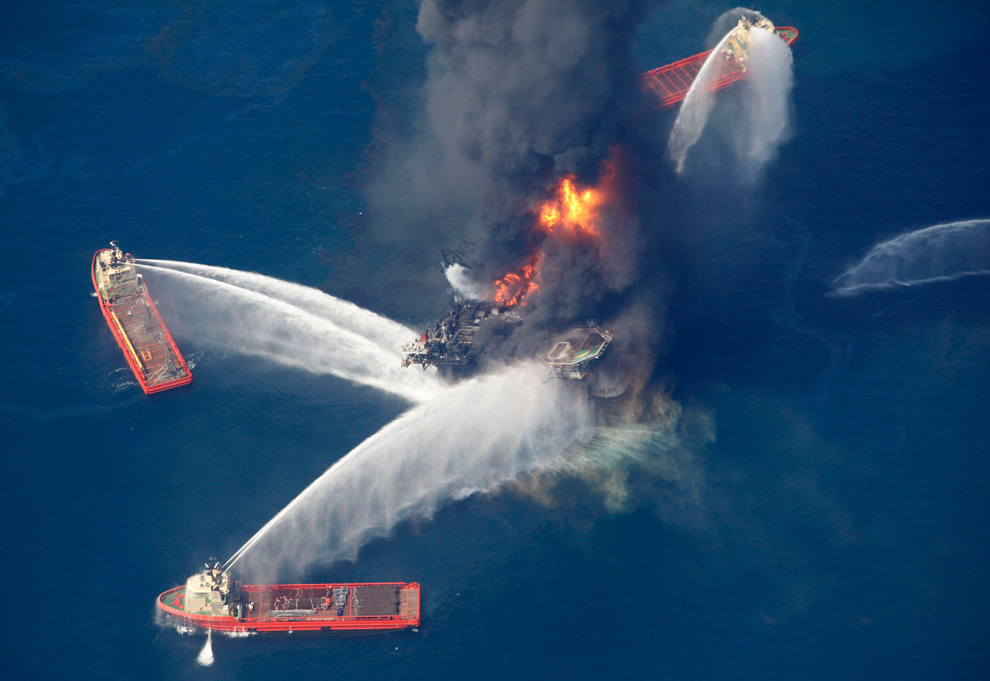 Firefighting boats spray seawater onto the burning Deepwater Horizon